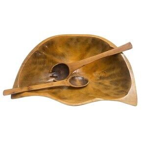 Vintage Bowl Teak Wood Salad Bowl with Serving Spoons 16"Lx 5"H Rustic Farmhouse